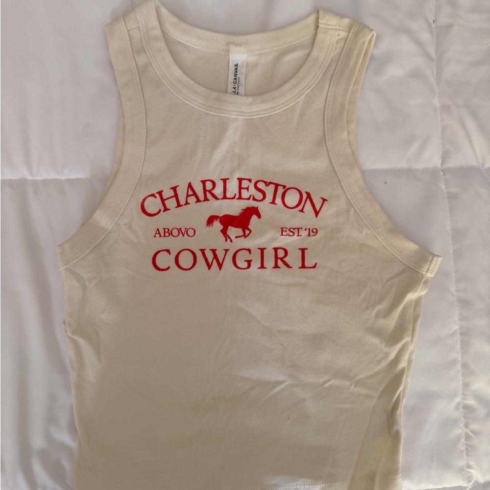 Charleston Cowgirl Tank Top - Cream with Red Print